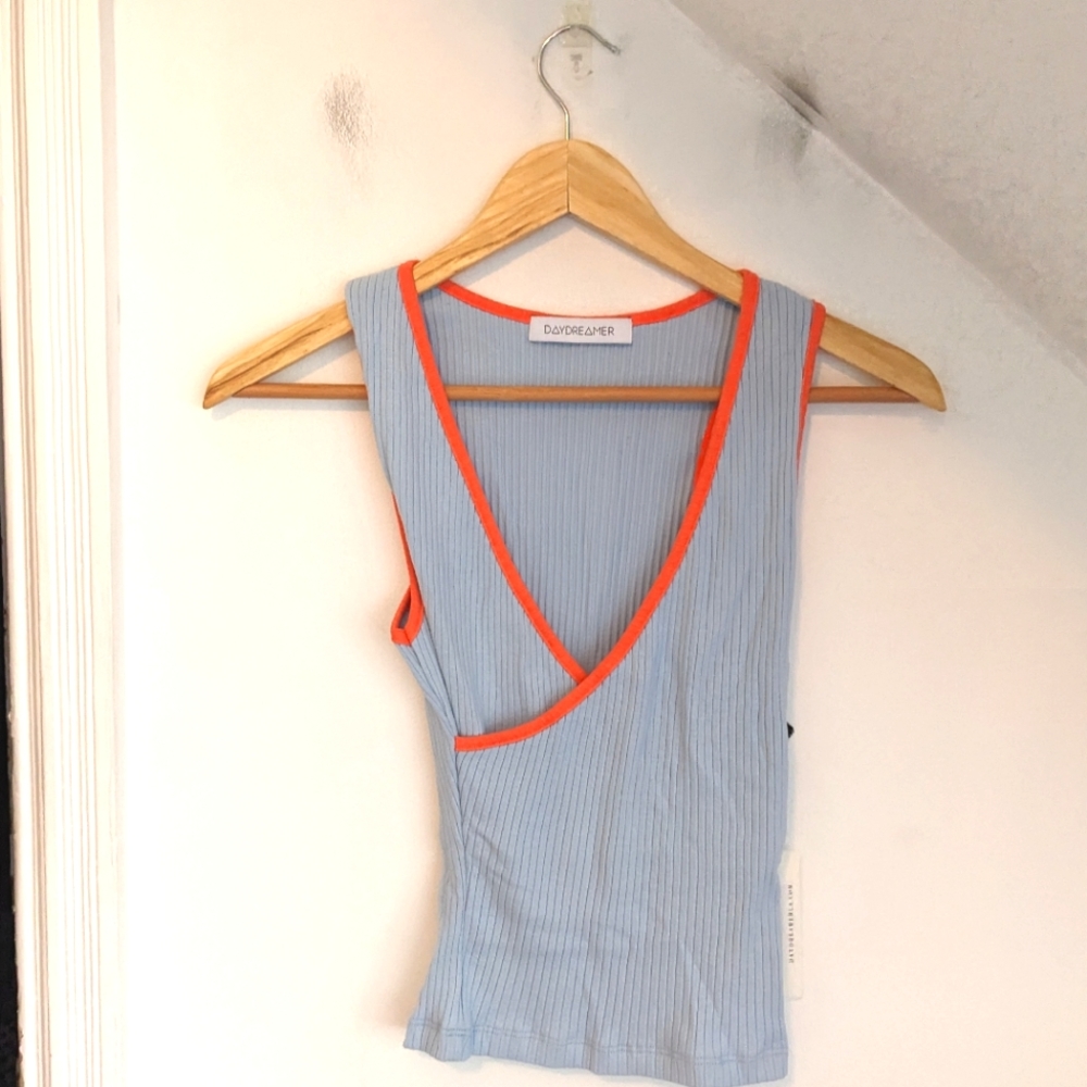 DAYDREAMER Contrast V-neck Tank Powder Blue Ribbed NEW Size S
